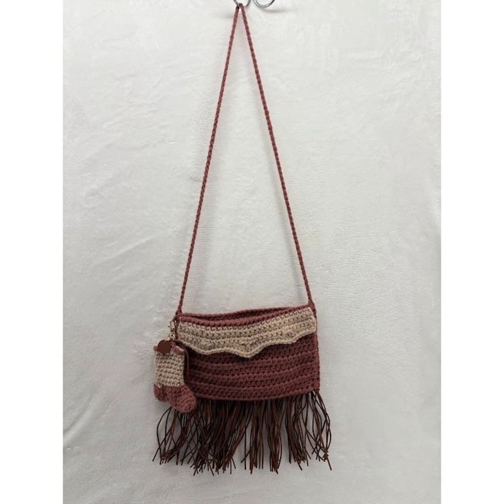Handmade Crochet Pink Crossbody Purse with Fringe and Cowboy Boot - Picture 2 of 8